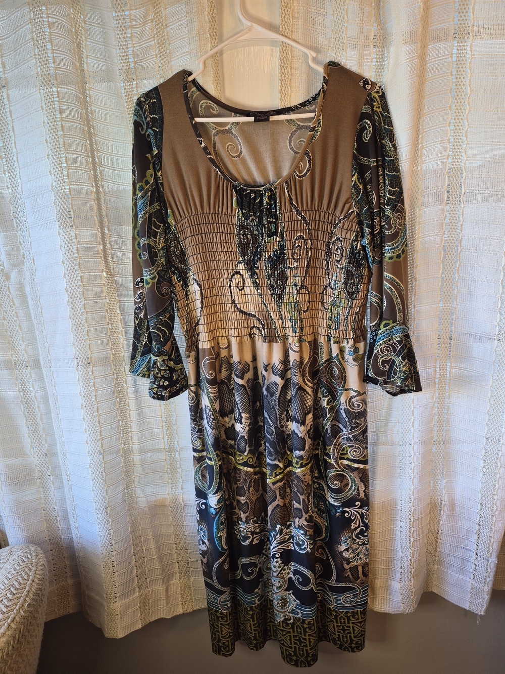Robbie Bee Brown and Teal Paisley Smocked Midi Dress Size 1X